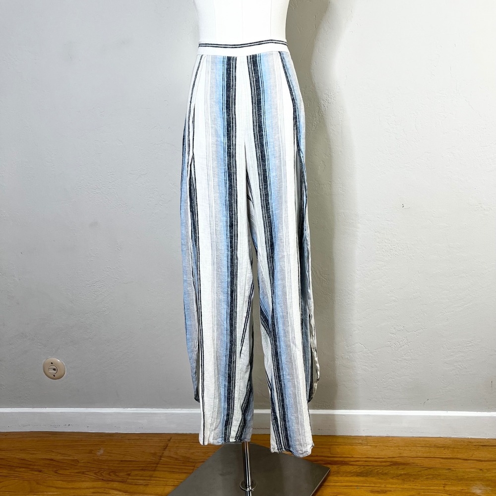 Anthropologie Drew Blue Striped Linen Tulip Pants Pull On Flutter Leg Size Large